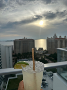 a person holding a glass of margarita on the westin hotel rooftop bar balcony overlooking the ocean of sarasota siesta key